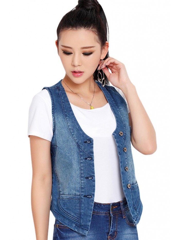 Women's Stretchy V-Neck Button Up Unlined Ripped Denim Waistcoat Vest 