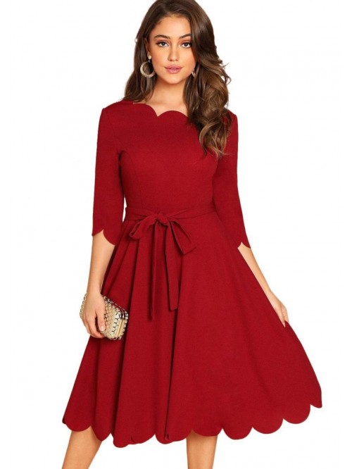 Women's Elegant Belted 3 4 Sleeve Fit Flare Cockta...