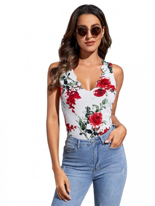 Women's Floral Print Sleeveless V Neck Slim Fit Ta...