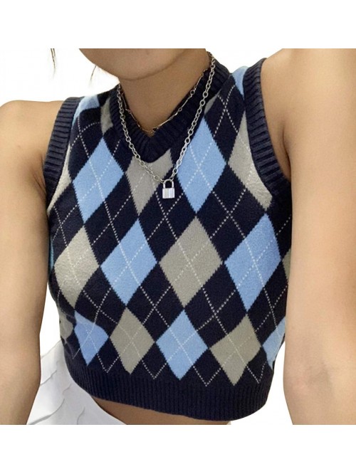 Sweater Vest Argyle Plaid Crop Sweaters Sleeveless...