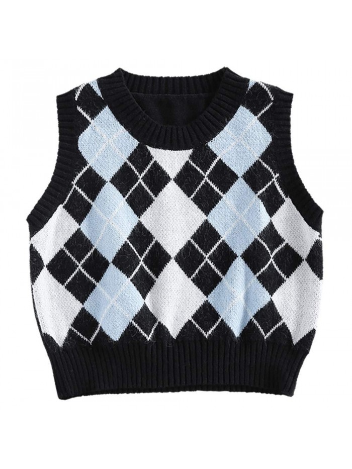 Women's V-Neck Sweater Vest Sleeveless Houndstooth Pullover Knitted Sweater 