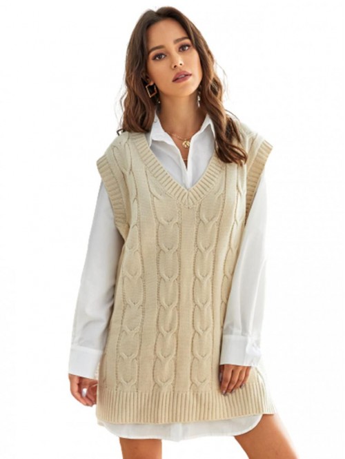 Women's Cable Knit Oversized Sweater Vest Sleevele...