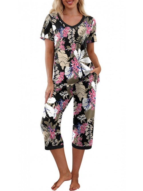 Women's Pajama Set Short Sleeve Shirt and Capri Pa...