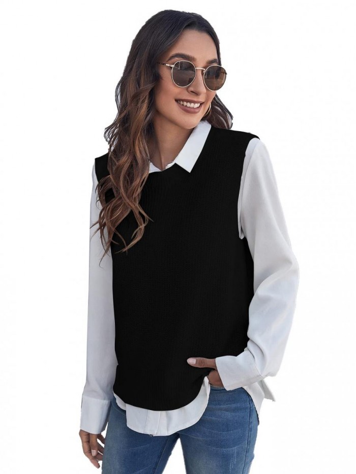 Women's Casual Split Round Neck Sleeveless Pullover Top Sweater Vest 