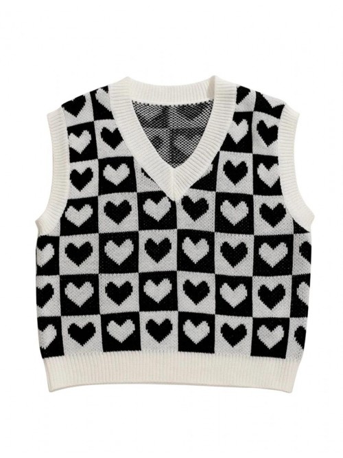 Women Cute Heart Checker Print Sweater Vest V Neck...