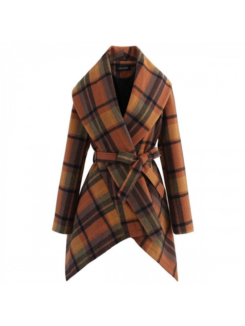 Women's Turn Down Shawl Collar Earth Tone Check/Bl...