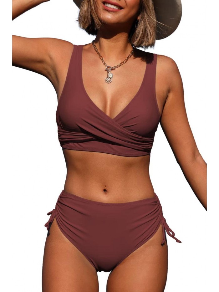 High Waisted Bikini Twist Front Tie Back 2 Piece Swimsuits 