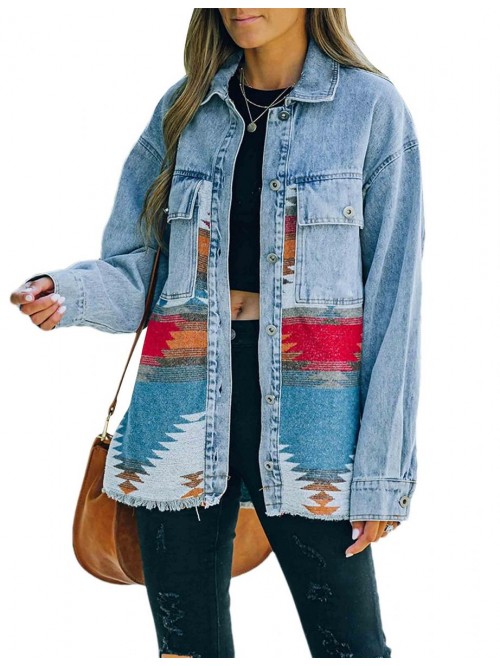 Aztec Denim Jacket Shacket for Women Button Down V...