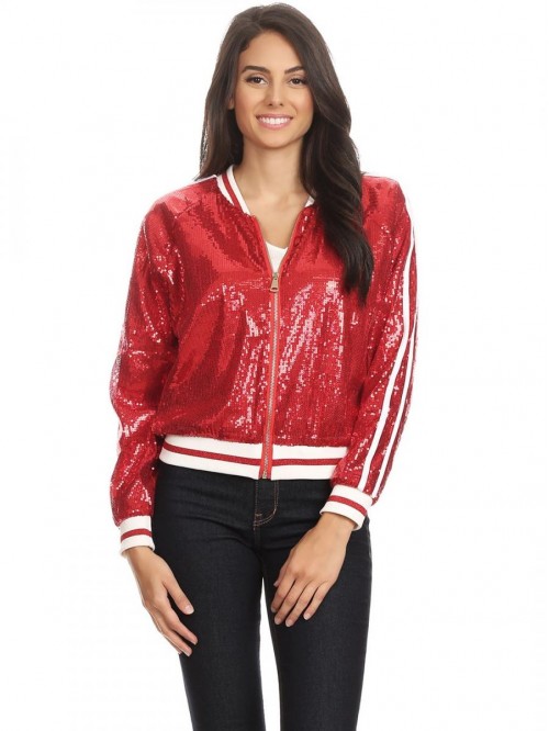 Womens Long Sleeve Front Zip Track Stripe Sequin B...