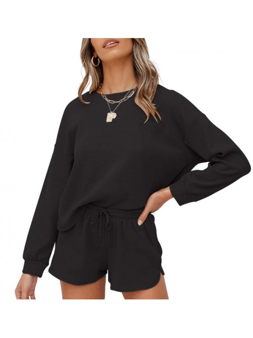 Women's Waffle Knit Long Sleeve Top and Shorts Pul...