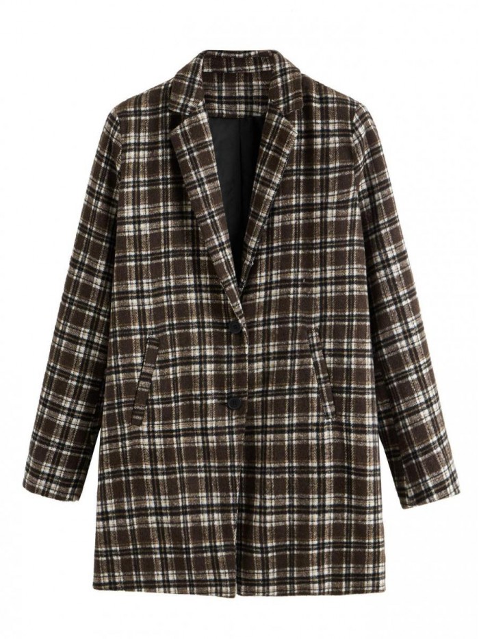 Women's Lapel Collar Coat Long Sleeve Plaid Blazer Outerwear 